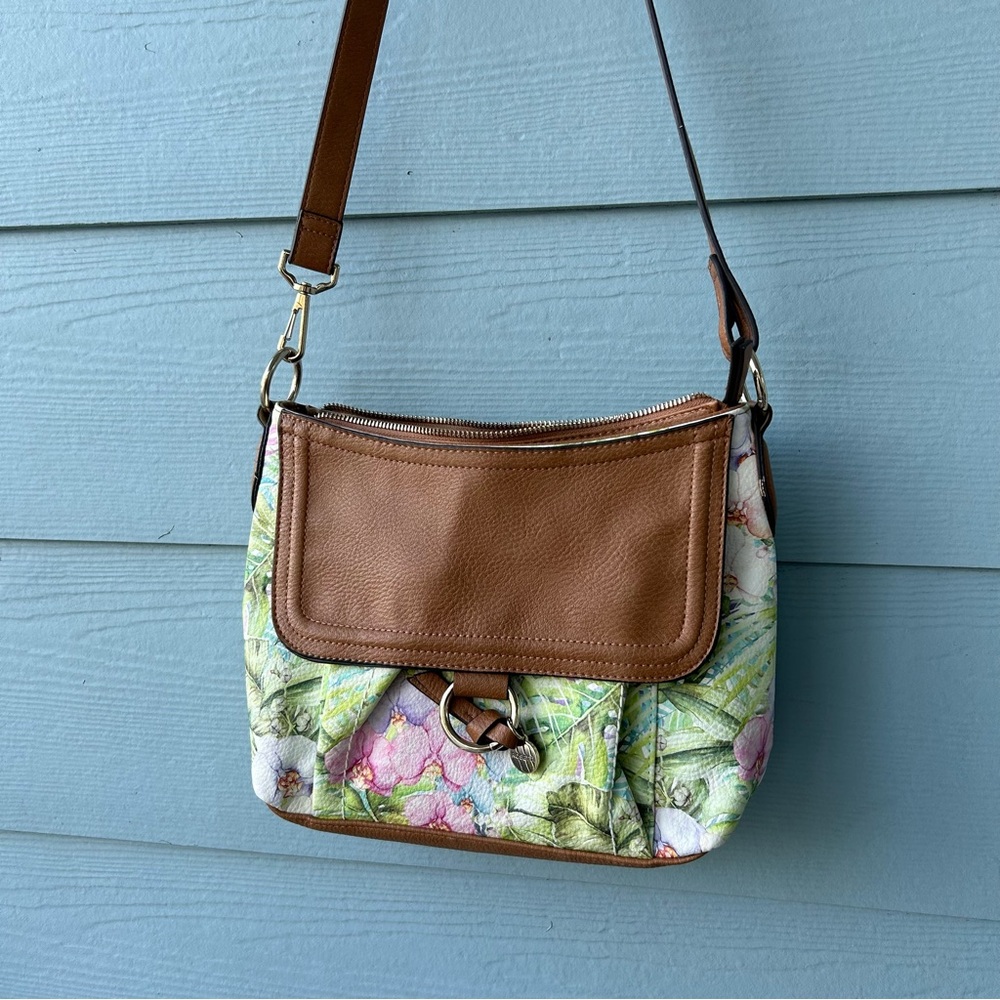 Rosetti Floral and Brown Shoulder Bag With Several Sections And 3 Zippered Area